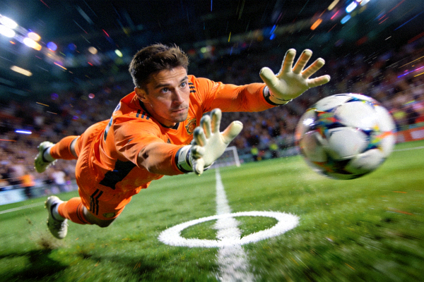 门将飞身扑出必进点球的惊险一刻